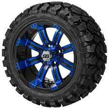 (4) Golf Cart 20x10R12 Sierra Rover Radial Tire on 12x7 Black/Blue Tempest Wheel