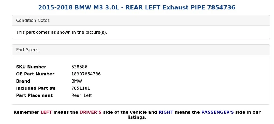 BMW M3 2015-2018 3,0 L - tubo de escape trasero izquierdo 7854736 Foto 4 de 4