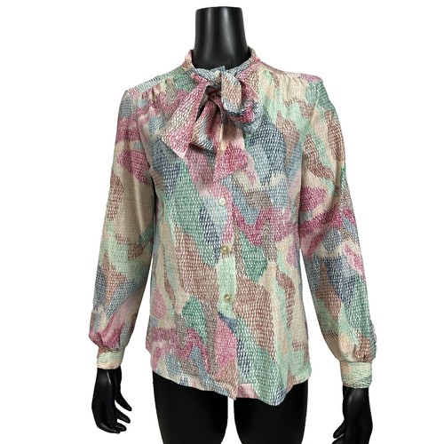 Devon Button Front Tie Neck Secretary Blouse Multicolor Long Sleeve Vtg 70s - Picture 2 of 7
