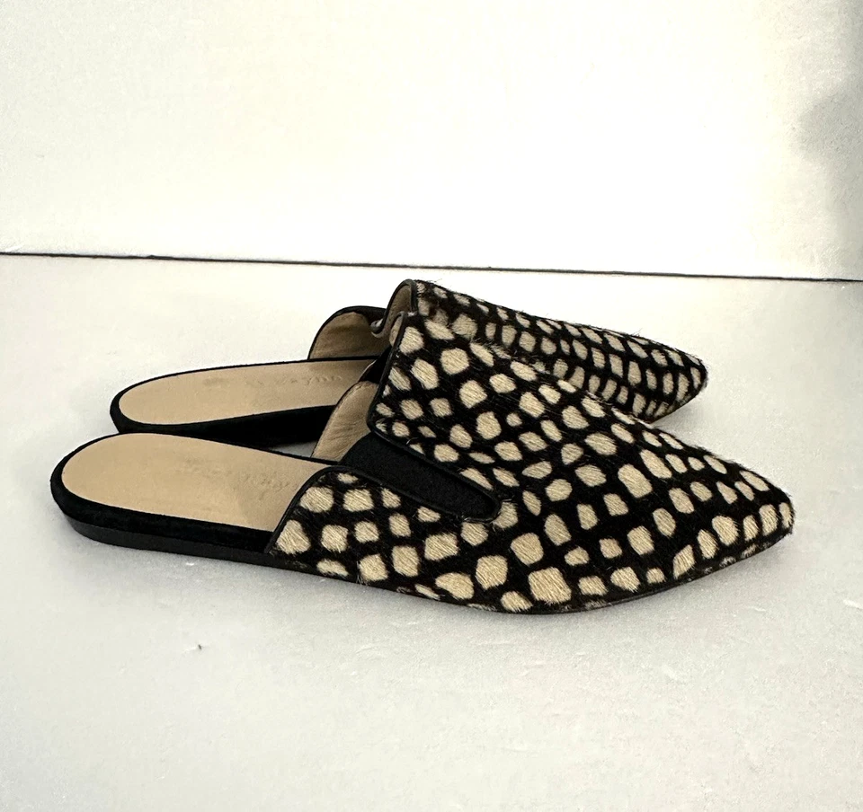 JENNI KAYNE 35 码动物小牛毛皮革穆勒鞋黑色米色意大利制造新品 — 第 2/4 张图片