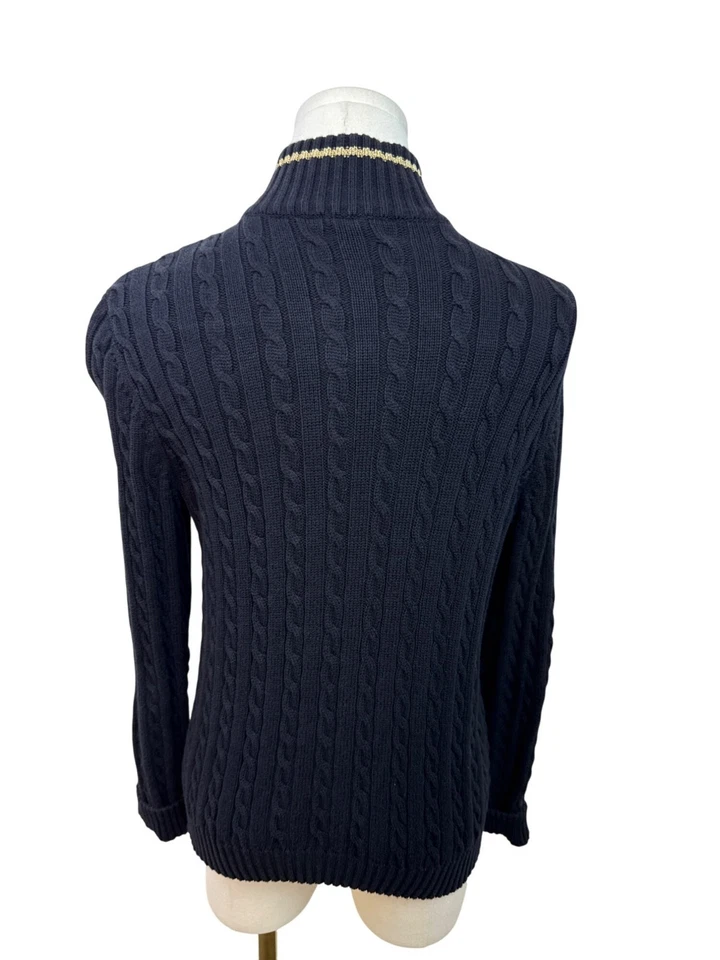 Cárdigan Suéter Ralph Lauren Petite Azul Marino Tejido con Cable Cremallera Completa Acentos Dorados Talla M Foto 3 de 4