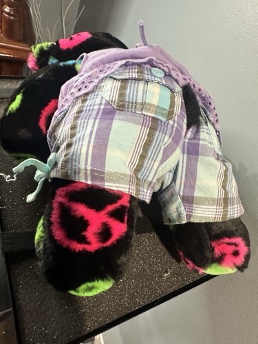 Build-A-Bear 15" Black Neon Green Peace Sign Smiley Face Hippie Bear - Picture 2 of 5