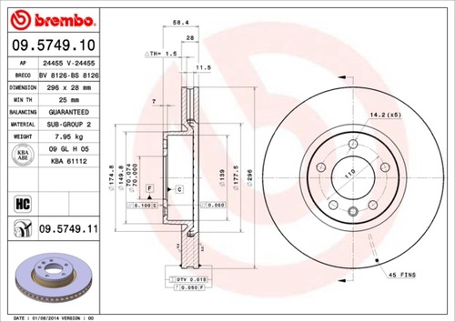 2x BRAKE DISC 09.5749.11 FOR OPEL OMEGA SENATOR 18 SV 1.8L Y 22 DTHY22XE 2.2L - Picture 2 of 9