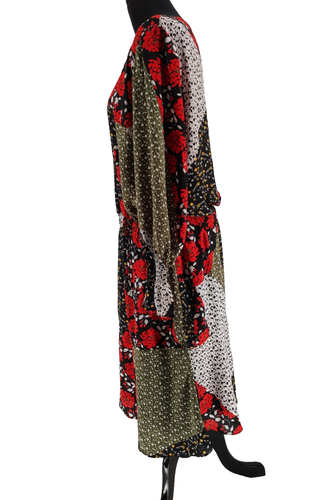 Libby Edelman Patchwork Red Black Pullover Dress SZ XL Elastic Waist Ruffle Cuff - Picture 3 of 14