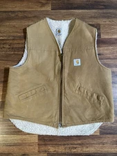 Vintage Carhartt Vest Mens Medium Brown Sherpa Lined Duck Canvas Zip Workwear