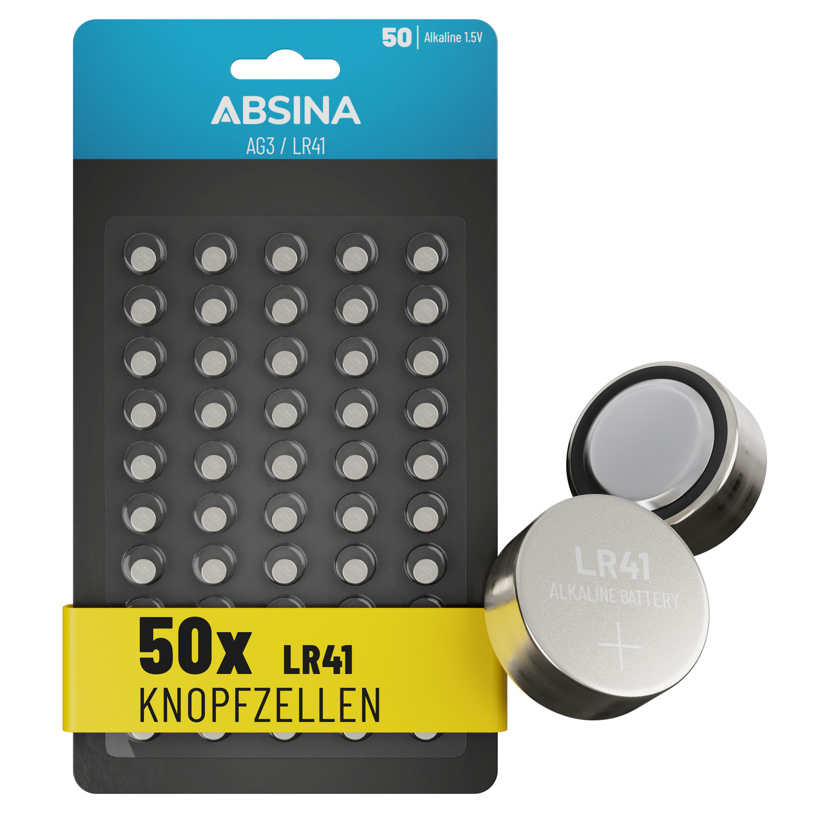 ABSINA 50x AG3 LR41 Knopfzelle 1,5V Alkaline - Knopfzellen Batterien Batterie