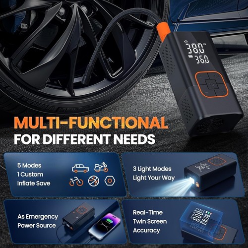 Mini Tire Inflator with LED Lights & Pressure Gauge - Fast Inflation at 25 L/Min - Picture 6 of 9