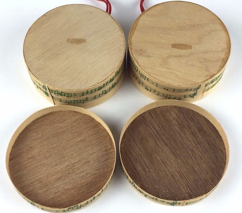 2 Santa Claus Christmas Tree Ornaments/Round Wood Veneer Boxes 3" Dia & Red Cord - Picture 12 of 12