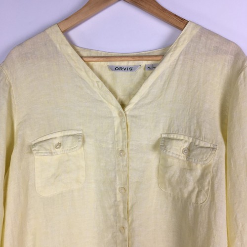 Orvis 100% Linen Yellow Shirt Summer Top Button Down 3/4 Sleeve Women's Sz XL - Picture 3 of 18