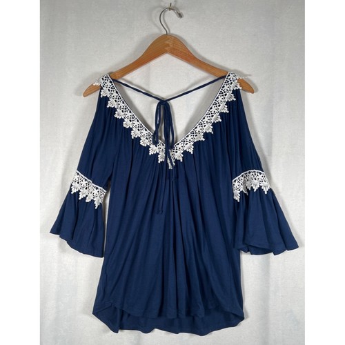 Always Indigo Womens Size S Blue Lace Trim Top V-Neck Bell Sleeve Cold Shoulder - Imagen 2 de 12