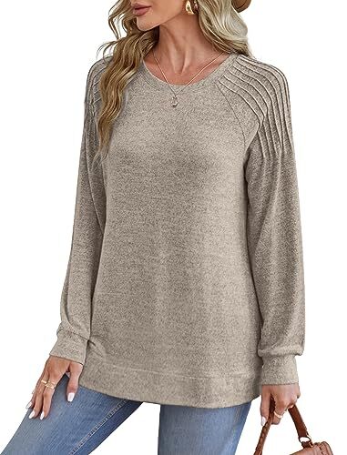 Sweatshirt for Women Crewneck Pleated Long Sleeve Shirts X-Large Classic Khaki - Picture 4 of 5