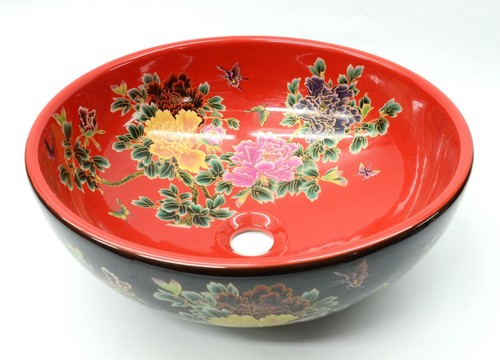 Tazón de lavado vintage negro rojo floral para baño encimera lavabo lavabo - Imagen 2 de 33