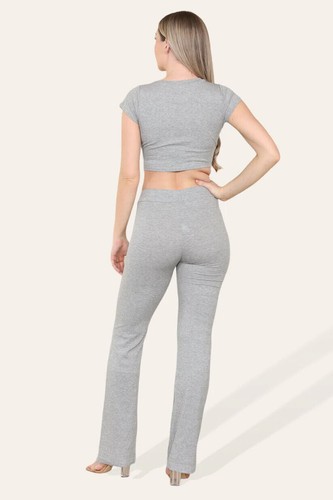 Women Ladies Tie Belt Crop Top Trouser Set Tracksuit Loungewear Jogsuit 2 Piece - Picture 17 of 20