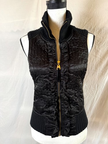 Vintage Guess Jeans Womens S Black Vest Quilted Multi Fabric Sweater High Collar - Picture 9 of 9