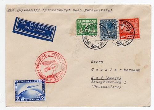 1936 COUVERTURE MIXTE FRANKING ZEPPELIN PAYS-BAS / ALLEMAGNE AUX ÉTATS-UNIS, TOP RARE - Photo 1 sur 2