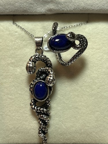 Sterling Silver Plate Lapis Two Snakes Ring Pendant 925 Sterling Silver Necklace