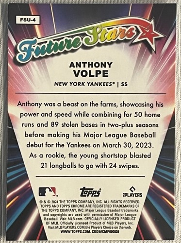 2024 Topps Chrome Update Series - Future Stars #FSU-4 Anthony Volpe - CLEAN- - Picture 2 of 2