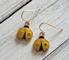Yellow Ladybug Earrings Gold Plated Stainless Steel Fish Hook Earwires