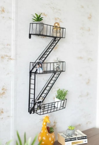Black Steel Fire Escape Wall Shelving Unit Bathroom Shelves Home Storage Rack - Picture 14 of 24