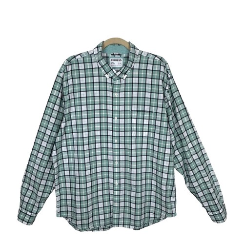 Express Mens Shirt XXL 2XL Mint Green Gray White Button Down Long Sleeve Check - Picture 2 of 14