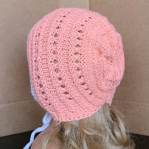 Cute Orange Handmade Knit Bonnet Hat for Baby Girls - Size 2-3 Months - Picture 11 of 12