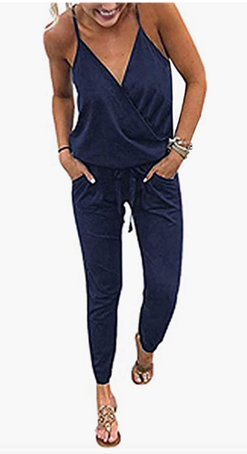 PRETTYGARDEN Women's V Neck Sleeveless Wrap Jumpsuit Drawstring Waist Sz M -Blue