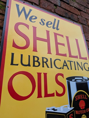 XL Shell Enamel Sign We Sell Motor Oil garage sign Shell Lubricating Oil Sign - Picture 8 of 16