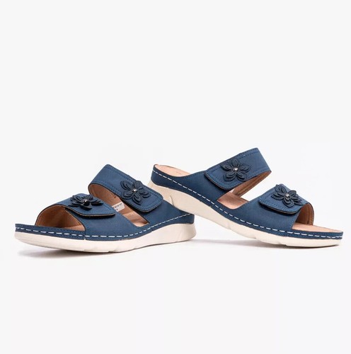 Dr. Keller Molly Navy Women's Touch Fasten Mule Sandals with Flower Detailing - Picture 2 of 6