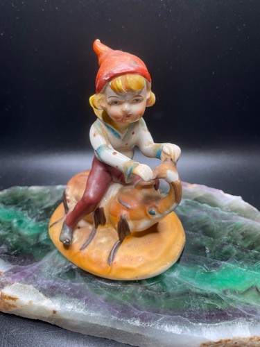 Occupied Japan Blond Pixie/Fairy/Imp/Elf Riding Rhino Beetle Figurine