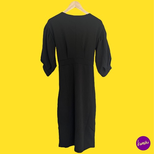 BOOHOO Plus Wrap Midi Dress, Puff Sleeve, Tie Front, Stretch, Black, UK 20 - Picture 2 of 8