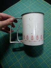 Vintage Androck Metal Single Hand Flour Sifter Off-White w/ Red Flowers USA