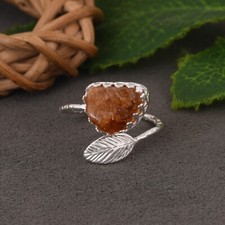Rough Citrine Gemstone Sterling Silver Leaf Textured Branch Ring Jewelry