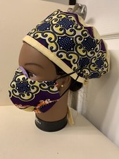 African Print Unisex Reversible Scrub Cap With Matching Face Mask Filter Pocket