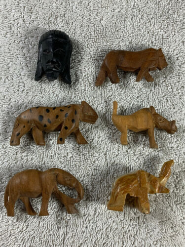 Lot of 6 Hand Carved Wood Animal Figurines Miniature Elephant Lion Mask Cheetah | eBay Lot of 6 Hand Carved Wood Animal Figurines Miniature Elephant Lion Mask Cheetah | eBay