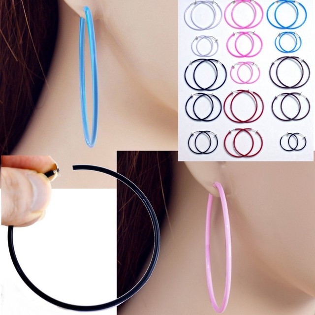 E121C Pair of CLIP ON Hoop EARRINGS look like pierced Spring Closure