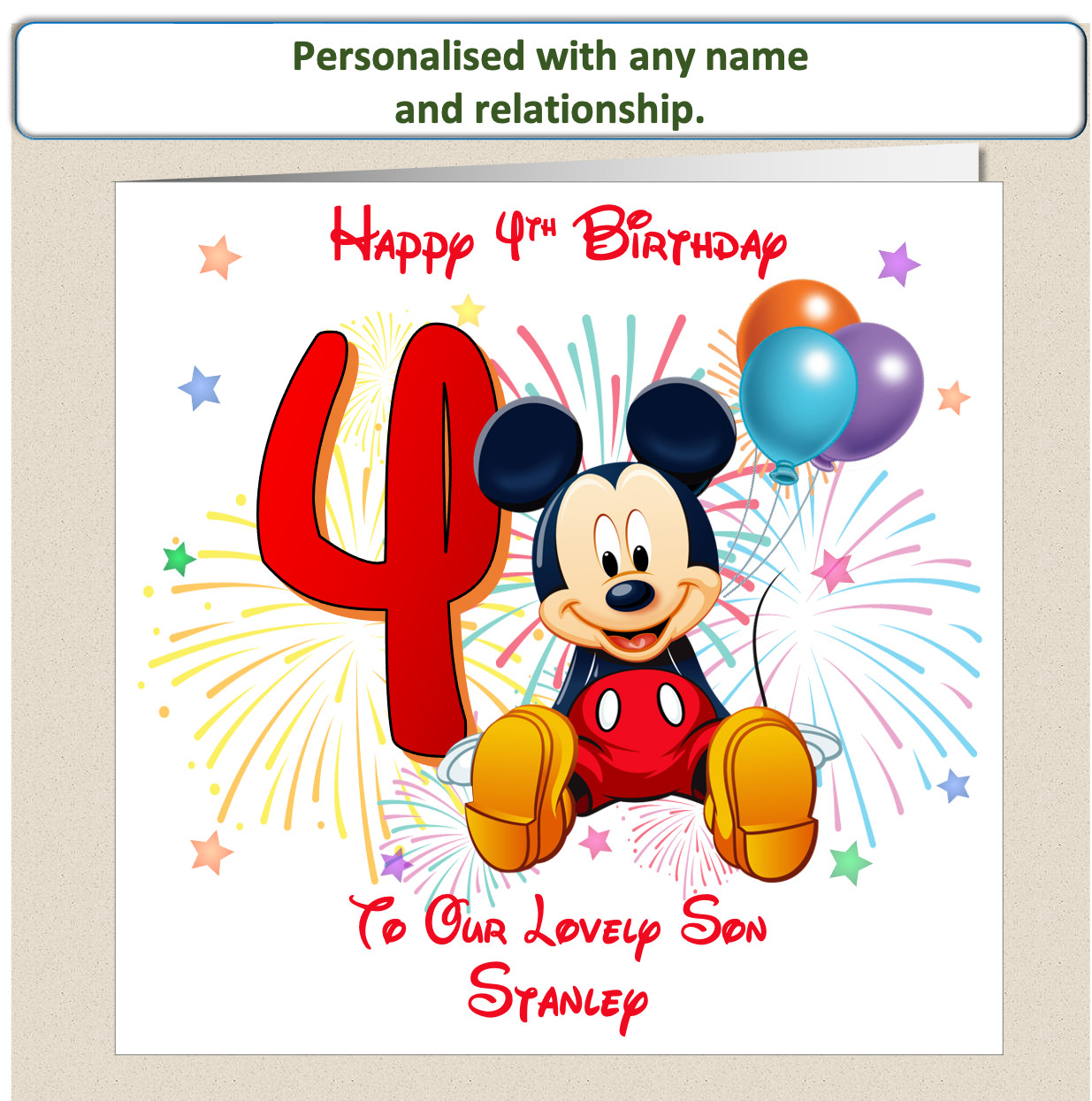Tarjeta de cuarto cumpleaños personalizada de Mickey Mouse hijo nieto sobrino hermano primo