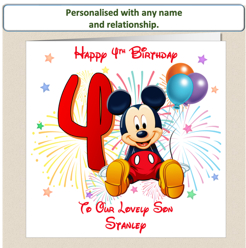 Personalised Mickey Mouse 4th Birthday Card  Son Grandson Nephew Brother Cousin - Afbeelding 1 van 6