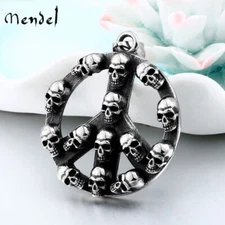 MENDEL Gothic Mens y2k Stainless Steel Biker Peace Sign Skull Pendant Necklace