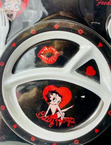 Neu Betty Boop 3 Stück Fütterungsset Herzen & Lippen geteilt Teller Gabel Löffel 2003 - Bild 5 von 6