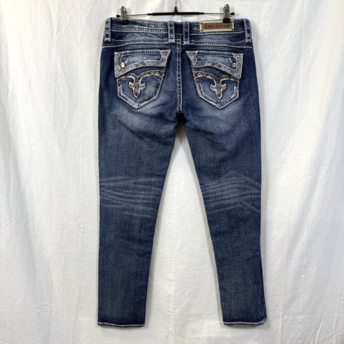 Rock Revival Betty Jeans Women Sz 30 Low-Rise Skinny Fit White Stitch Rhinestone - Picture 4 of 13