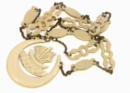 Art Deco Necklace Carved Celluloid Longboat Sailing Yacht 33.5 Inch Long