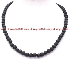 Natural 6mm Black Volcanic Lava Rock Gemstone Beads Adjustable Necklace 20" AAA