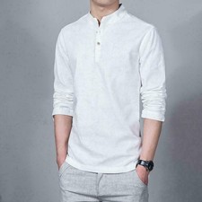 New Mens Linen Button pure color long stand Collar Casual Top sleeve slim shirt