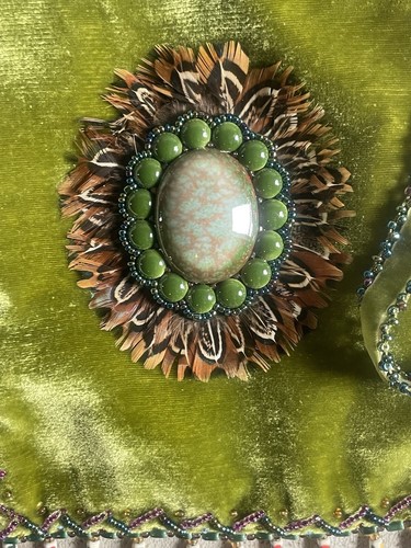 Beaded Crossbody Bag Purse Green Velvet With Stones/feather Boho - Picture 2 of 4