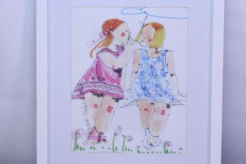 Quadro vintage Elizabeth Nabie arte incorniciato opaco piccoli segreti disegno penna firmata - Foto 4 di 14