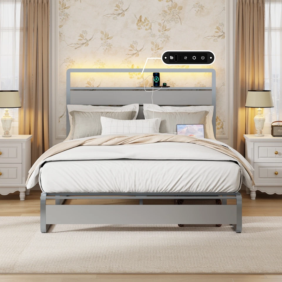 Cama queen size prata plataforma estrutura MDF metal com LED, cabeceira estação de carregamento - Imagem 3 de 4