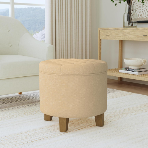 by Kinfine Fabric Upholstered round Storage Ottoman - Button Tufted Ottoman with - Picture 2 of 10