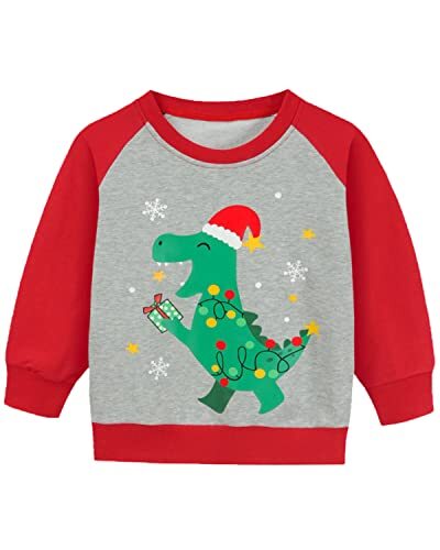 Toddler Boy Ugly Xmas Raglan Long Sleeve Santa Elk Sweatshirt 6 Years Dinosaur - Picture 2 of 8