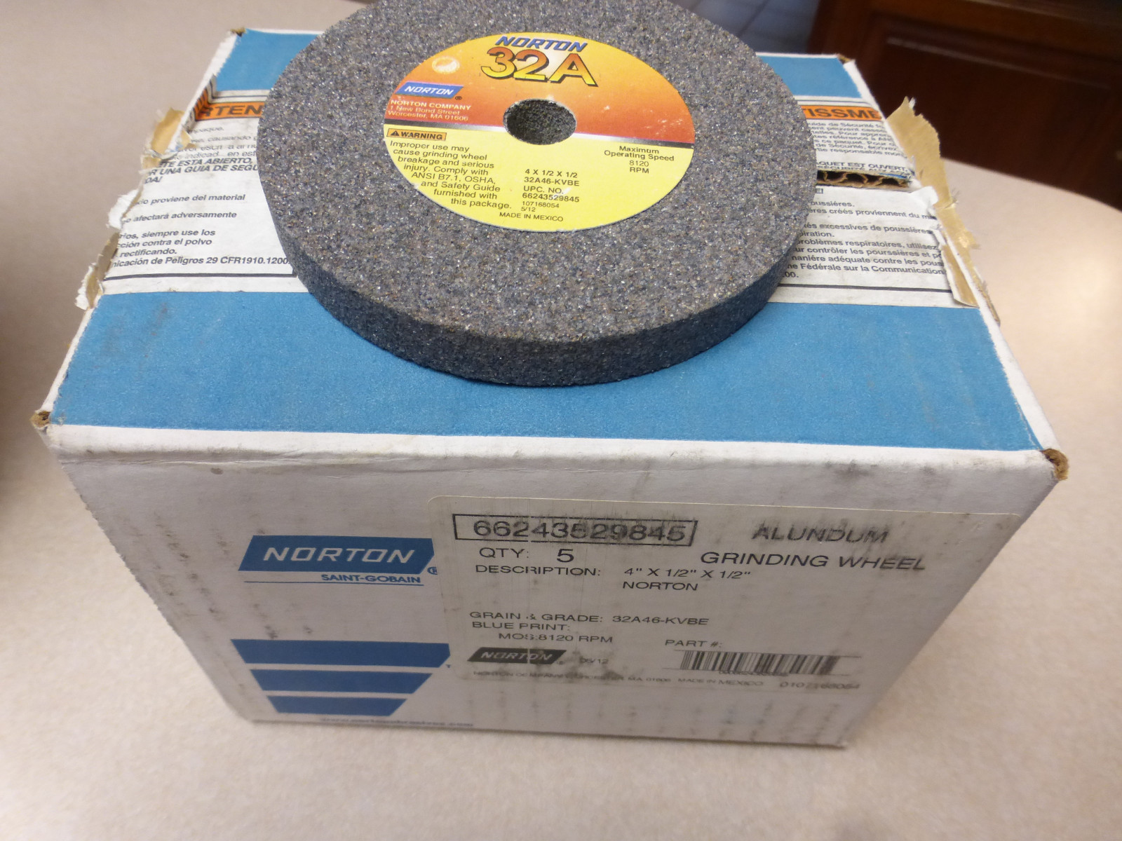 NORTON TYPE 1 GRINDING WHEELS 4" X 1/2" X1/2" 46 GRIT 66243529845 (PACK