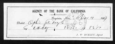 Agency of the Bank of California Virginia, NV Ophir Mining 1907 Bank Check